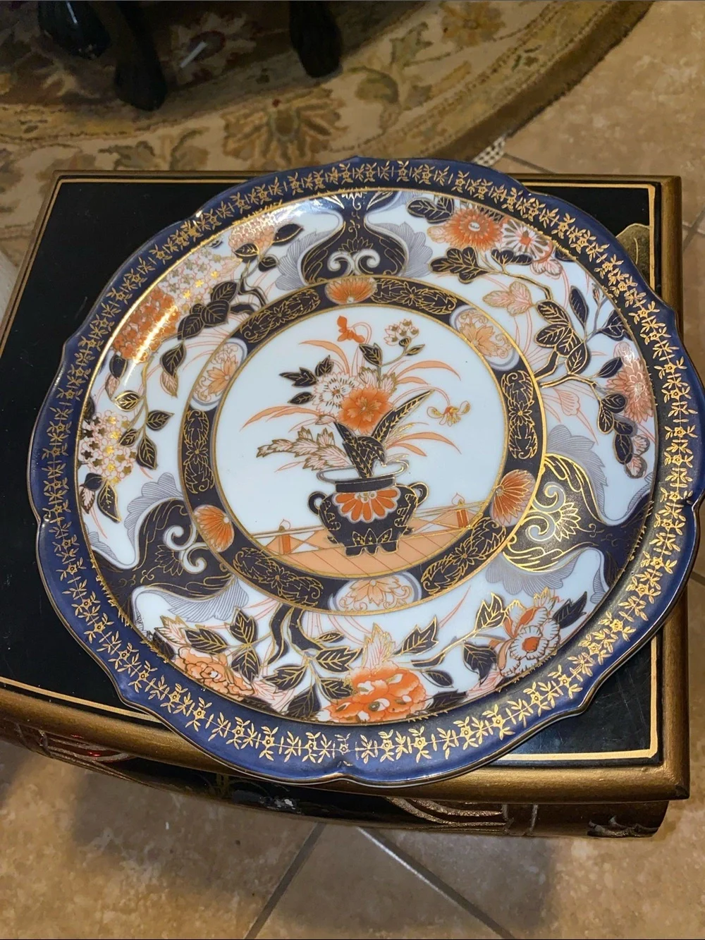 Vintage Decorative Porcelain Accent Plate in Navy, Orange, Gold - Floral Pattern